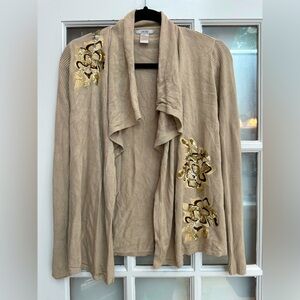 Vintage Cache Knit Silk Blend Tan Cardigan Gold Sequin Floral Embroidery Size S